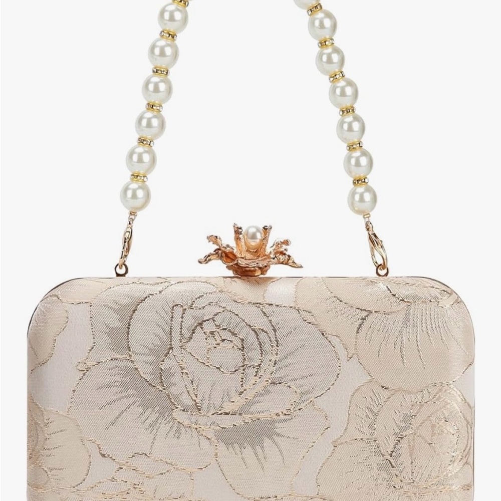 Elegant Cream Floral Clutch with Pearl Handle